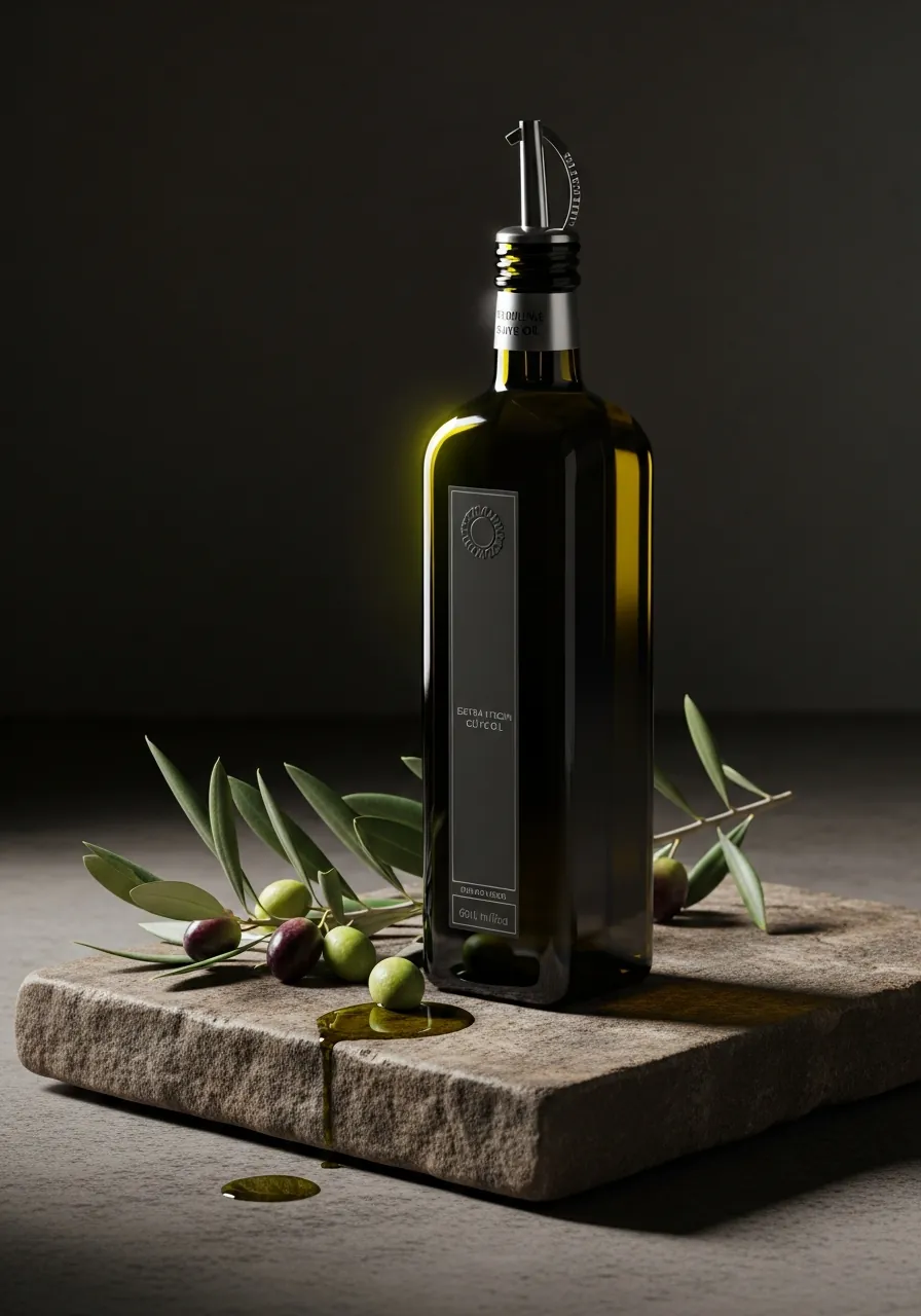 AI loodud oliiviõli tootefoto e-poe ja reklaami jaoks