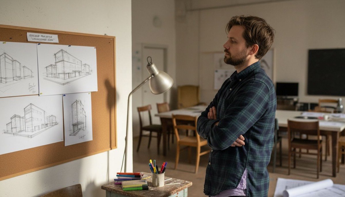 Disainer võrdleb mitut seinale kinnitatud kavandit